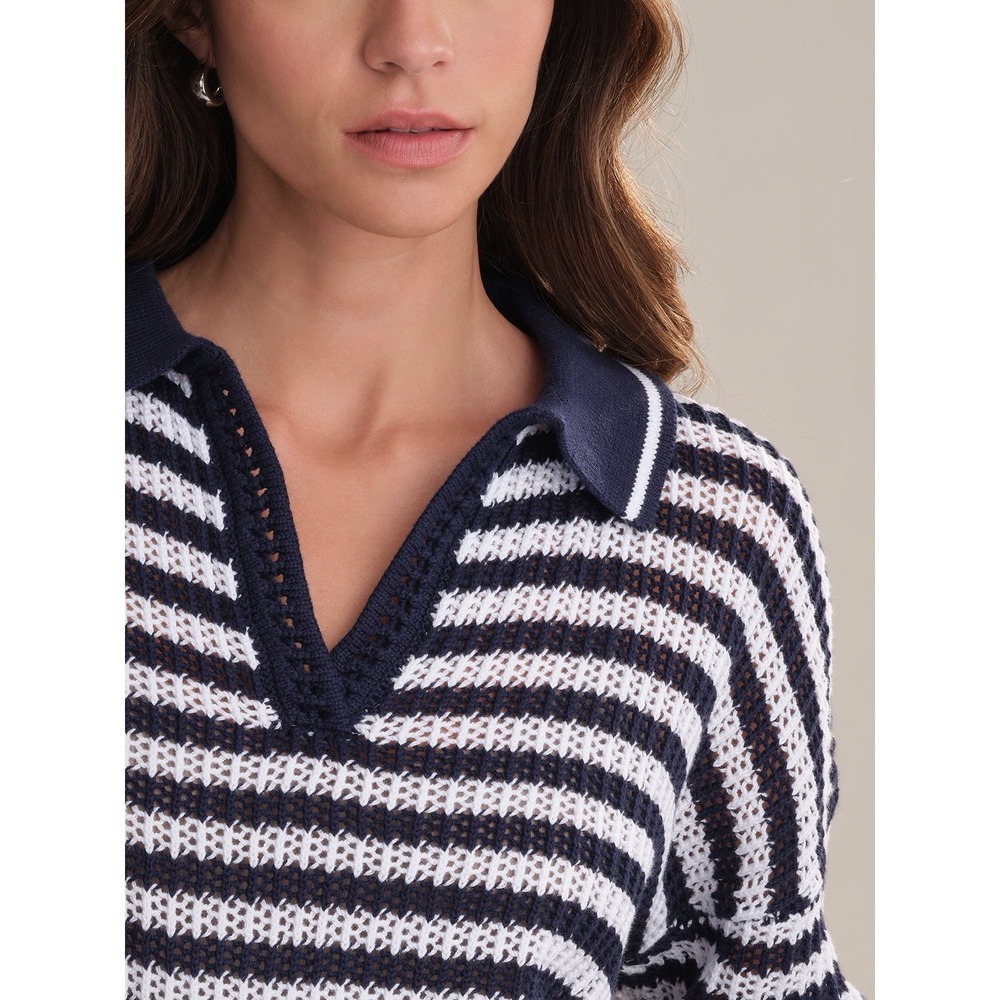 525 America Kimberly Cotton Navy Stripe Open Knit Polo Sweater XS Coastal Preppy - Picture 4 of 15